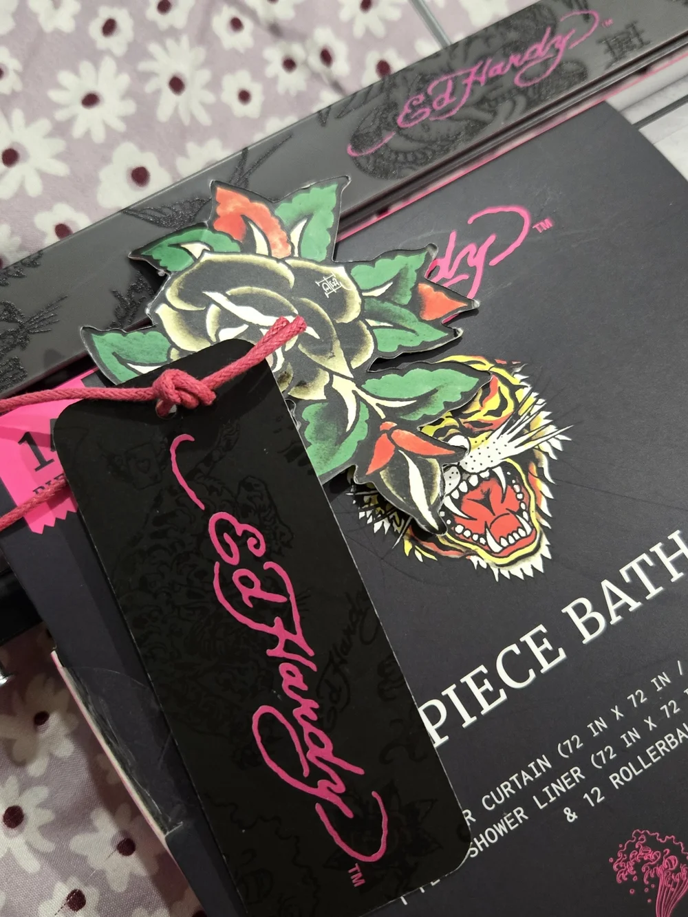 Ed Hardy 14 Pc Bath Set Pink Skull Rose Shower Curtain Hooks Liner